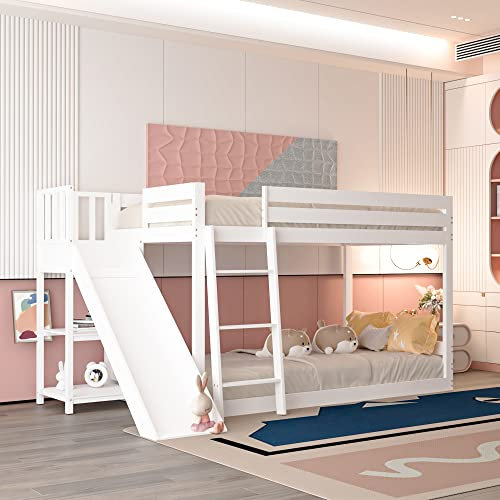Merax Hochbett 90x200 cm, Etagenbett mit Leiter, Rutsche und Regal, Kinderbett mit Rausfallschutz und Lattenrost, Multifunktionales Umwandelbares Kleinkindbetten Bettgestell, aus Kiefernholz, Weiß