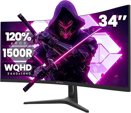 CRUA 34 Inch Ultra Wide Gaming Monitor, WQHD (3440x1440p) 144Hz/165Hz, 120% sRGB, Computer Monitor Compatible with AMD Freesync, Wall Systems (HDMI, DP), Black