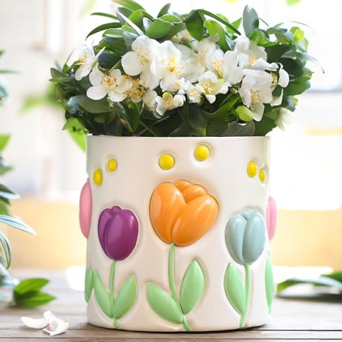 GUGUGO Colorful Tulip Planters, Cute Unique Plant Pots with Drainage Holes, Funny Flower Pots for Indoor Plants, Eclectic Succulent Planter Pot for Boho Modern Home Decor (A,5 Inch)
