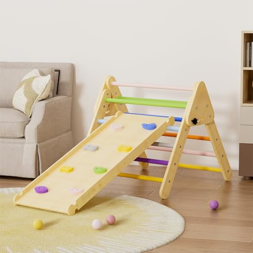 Benarita Dreieck-Klettergerüst 2 in 1 Regenbogen Klettergerüst Set für den Innenbereich Faltbares Montessori Kletterdreieck aus Holz mit Rutschrampe für Kleinkinder und Kinder