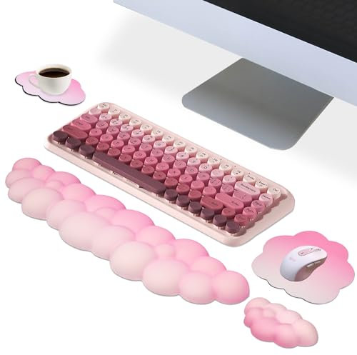 Cloud Mouse Pad and Keyboard Wrist Rest Set,4 Pcs Pink Ergonomic Arm Support for Computer Desk,Cute Palm Resting Cushion with Mousepad & Coaster | Office Computer Laptop Typing Pain Relief
