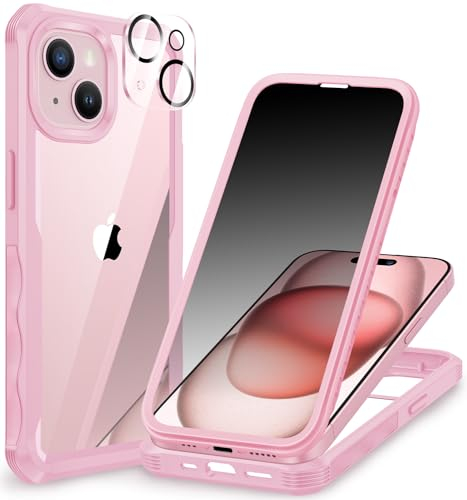CENHUFO Sichtschutz Hülle für iPhone 15, mit Eingebautem Privacy Panzerglas Displayschutz und Kameraschutzfolie 360 Grad Handyhülle Schutzhülle Stoßfest Bumper AntiSpy Cover komplett Case - Rosa