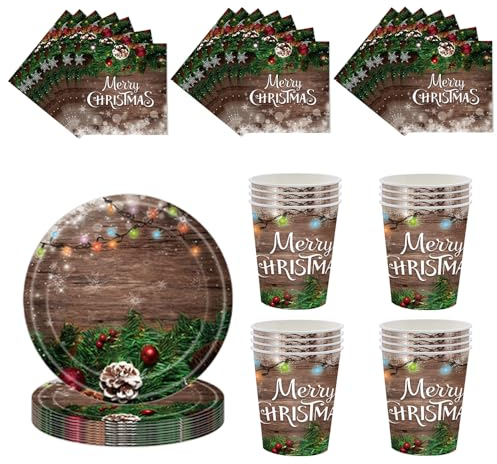 Christmas Wooden Tableware Set - 20 Paper Napkins, 16 Cups, 16 Plates - Disposable Dinnerware Decor for Adults, Kids Xmas Party Favor