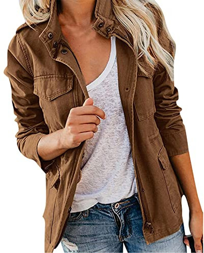 EMUKFD Veste militaire anorak pour femme avec fermeture éclair et poches, marron, L
