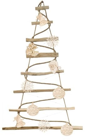 BOGATECO Albero di Natale fatto a mano, altezza 95 cm, con decorazioni, in legno di nocciola, ciondolo decorativo, con luci a LED da 200 cm, pannelli in legno collegati a una corda di iuta con uno