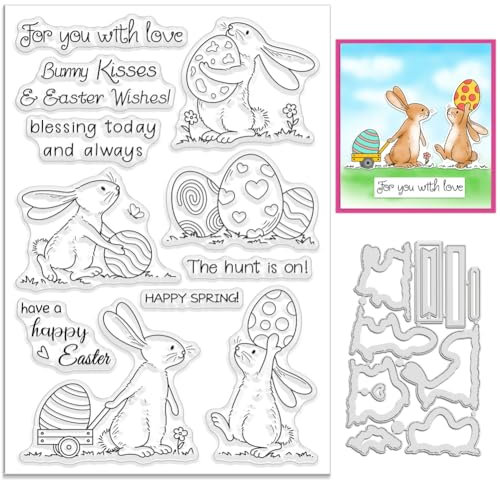 INFUNLY Oster-Stempel Und Stanzformen Für Die Kartenherstellung Hasen-Metall-Stanzform Ostereier Transparente Silikonstempel Kaninchen-Stempel Und Stanzformen Für Ostern Prägung Album DIY Basteln