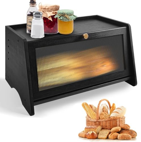 JIABEIUS Black Bread Bin, Bamboo Bread Box for Kitchen Bread Storage, Bread Bins for Kitchen Multifunctional Storage, 39.7 × 24.2 × 19.8