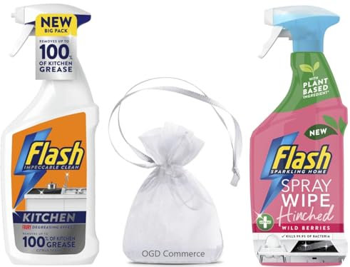 Flash Kitchen Cleaning Spray, Citrus Scent, 800ml & Flash Sparkling Home Antibacterial Multi-Surface Cleaner Spray, 800ml, Wild Berries Scent + for You: Organza Small