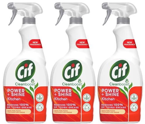 Cif 3 x 700ml Clean Kitchen Spray With Welari Thank You Card Boost Power Shiny Surface Hob Cleaner Grease Remover (2100ml)