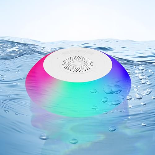 Annadue Schwimmender Pool-Lautsprecher, IPX7 Wasserdichter -Lautsprecher mit Bunten RGB-Lichtern, Tragbar für Reisen mit Pooldusche