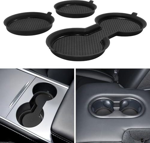 KENTUTO for Tesla Model 3 Accessories 2021-2023 Model Y 2021-2024 Cup Holder Inserts Center Console Liner Coasters Mat Pad Interior Decoration 3D Silicone (Black Trim, 3 pcs)