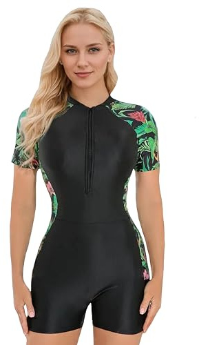 BEACHKINI Maillot de Bain Une Pièce à Manches Courtes pour Femme, Maillot de Surf et Plongée, 86 Feuilles Vertes, XXL
