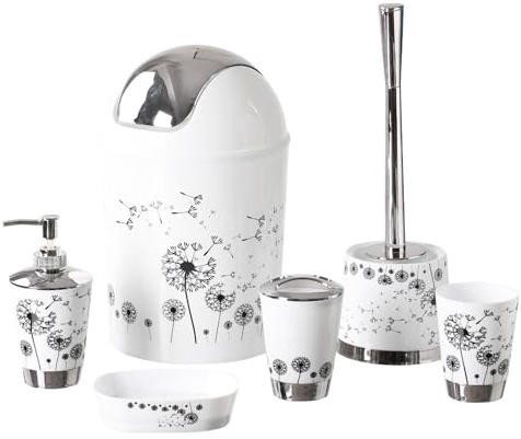 Qualiware Bathroom Accessory Set 6 Pieces Luxury Modern Vanity Bath Accessories Bath Set Toilet Brush with Holder, Soap Dish, Lotion Dispenser, Toothbrush Holder, Tumbler, Trash Bin (Dandelion)