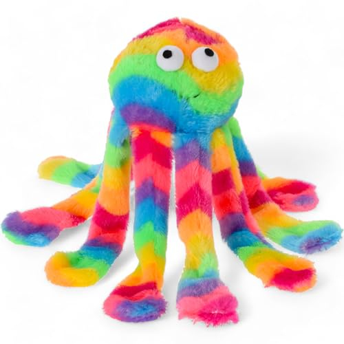 MIJOMA Lustiges Quietschendes Hundespielzeug Regenbogen Krake, Kuschelweich aus 100% Polyester, 30x12x12 cm, Perfekt für Kauspaß und Apportieren