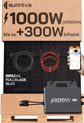 SUNNIVA® 1000W Balkonkraftwerk mit 800W Wechselrichter TSUN, BIFAZIAL FULLBLACK komplett Steckdose, PV Solaranlage Komplettset mit 5 m Anschlusskabel und 4x 1m Solarkabel, 2x 500W N-Type Glas