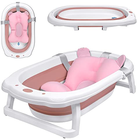 TANYEAR Baby Badewanne Faltbare, Kinderbadewanne mit Badekissen, Baby Bathtub Kinderbadewanne Babybadewanne inkl. rutschfesten Füßen, für Kinder ab 0 Monaten, Rosa
