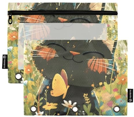 Ordner-Organizer-Set mit transparentem Fenster, Anime-Motiv, schwarze Katze, Blume, Ringordner mit Taschen, Klarsichtfenster und Ösen, 3 Ringe, Ordner, Schulklasse, Büro, Organizer, 2 Stück