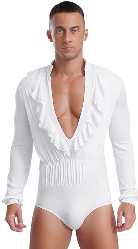 Jhaoyu Herren Latein Hemd Body Tief Rüschen V-Ausschnitt Einteiler Tango Rumba Hemd Ballettanzug Trikot Gymnastik Leotard Glänzend Kostüm Weiß L