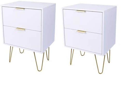 Dylex Bedside Table Storage End Table, 2 Drawers, White with Gold Legs, Set of 2