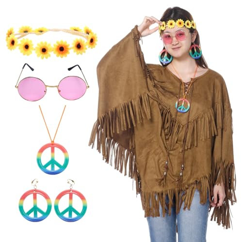 Angenster Kostüm Indianerin für Damen, Poncho Kostüm Indianer Damen Karneval Kostüm mit Haarbänder Ohrringe und Halsketten, Doppelte Lagen Poncho Indianermädchen Outfit Boho für Karneval Fasching