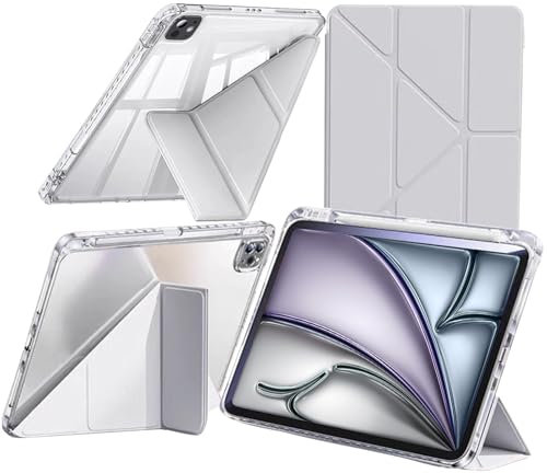 Coque Compatible avec iPad Air 11 Pouces M2 (2024), iPad Air 5/4 2022/2020, iPad Pro 11 Pouces (2022-2018) avec Porte-Stylo, Transparent 6 en 1 Support, Réveil/Sommeil Auto, Gris Clair
