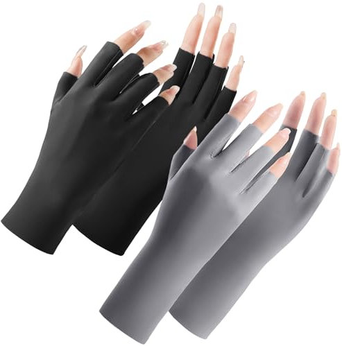 2 Paar UV-Handschuhe für Gel-Maniküre, UV-Handschuhe, fingerloser Handschuh für Damen, Sommer-Sonnenblock-Handschuhe zum Autofahren, Reiten, Schwarz+Dunkelgrau, Einheitsgröße