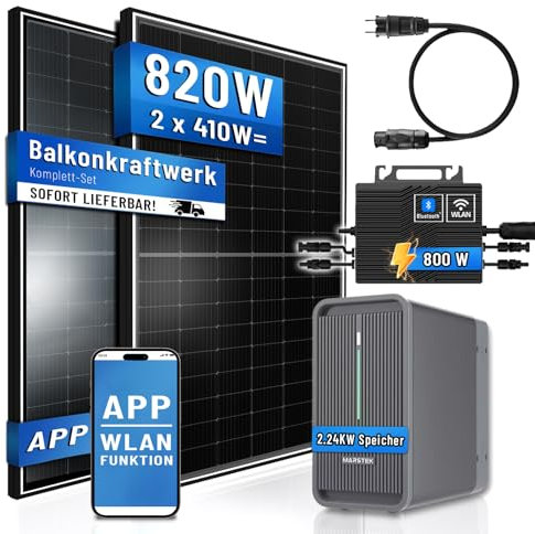 Balkonkraftwerk Komplettset 820W, Solarmodule je 410Wp Glas Folie, Eway 800W Mikro-Wechselrichter mit WiFi, Schukokabel 5m, Photovoltaik Solaranlage PV Anlage (820W + 2.24KwH Marstek Speicher)