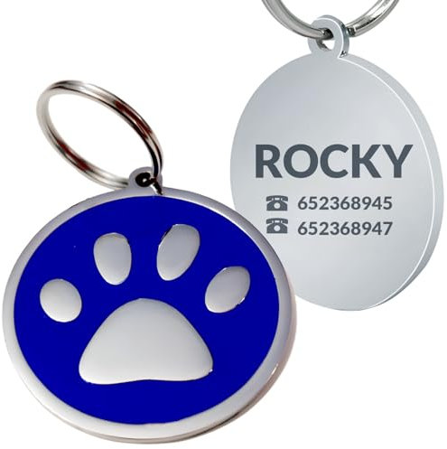 Chapa de Identificación Personalizada para Perros y Gatos – Placa Grabada de Acero Inoxidable con Nombre y Teléfono – Ideal para Mascotas Pequeñas, Medianas y Grandes (Redondo pata azul 37 cm)