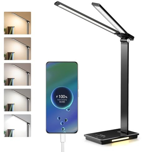LENDOO Lampe de Bureau Led,Desk Lamp Lumiere Bureau Rechargeable & Dimmable 5 Modes de Couleur 5 Niveaux de Luminosi, Pliable, 2000Mah Batterie+Avec Port Usb Pour Enfants, Etude,Travail de Bure