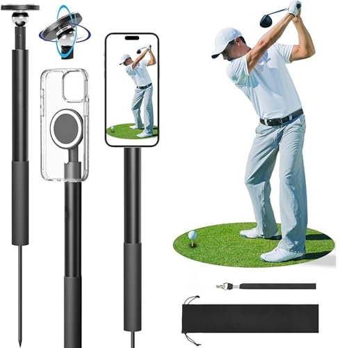 Golf Monopod, Golf Swing Mobile Phone Holder, Magnetic Selfie Stick with Spike Mount, Compatible with iPhone Camera, Adjustable Tripod
