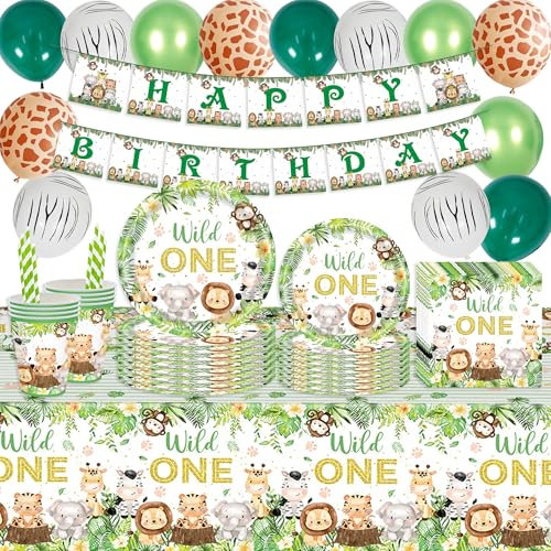 Jungle Wild One Birthday Decorations - 132 Pcs Safari Party Tableware Set for Kids, Happy Birthday Banner Balloon Plates Cups Tablecloth for Baby Shower Girls Boys