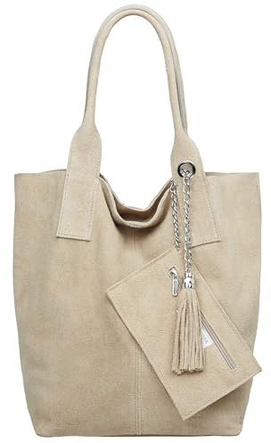 Caspar große Wildleder Shopper Schultertasche schlichte Damen Leder Handtasche mit stylischer Metallkette & kleiner Zusatztasche - CLASSIC LINE - Modell No.828 - Made in Italy, Farbe:beige