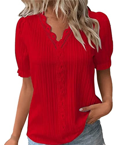 Tshirt Damen V Ausschnitt Elegante Oberteile Spitzen Sommer Bluse Tops Für Frauen Kurzarm T-Shirts Lässige Basic Tops Casual Tunika Oberteil Sommertops