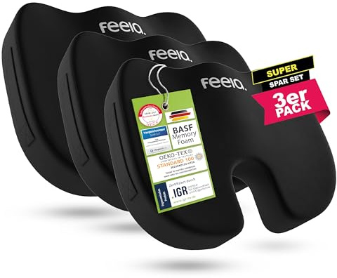 feela.® Orthopädisches Sitzkissen [3 Härtegrade] TESTSIEGER – Ergonomische Sitzkissen für Bürostuhl & Auto – Schmerzlindernd, Steißbein entlastend, Sitzkomfort erhöhend (3er Set, Weich)