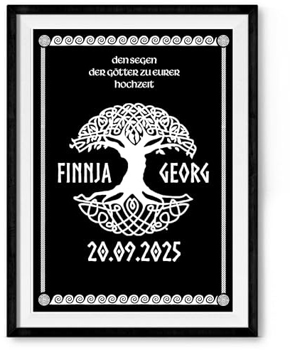 TinyTami Wikinger Hochzeitsgeschenk Poster Personalisiertes Viking Bild für Brautpaar & Jahrestag mit Namen und Datum Yggdrasil 21 x 30 cm