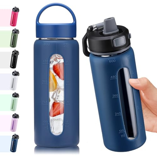 BLUEGO 600ml Botella de agua de vidrio con 2 tapas-Tapa con cierre de un toque y asa Botella reutilizable con indicador de tiempo para Viajes Casa Gimnasio Deportes Libre de BPA, Azul oscuro