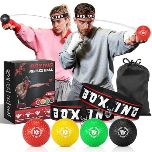 NZQXJXZ Boxen Reflexball Set für Erwachsene, Box-Trainingsball-Set mit 4 Boxbälle & 2 verstellbaren Stirnbändern, Trainingsgerät für Reaktion, Schlaggeschwindigkeit & Hand-Auge-Koordination