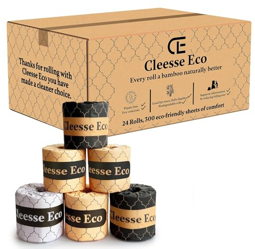 Bamboo Toilet Roll 24 Pack – 300 Sheets per Roll (Lasts Longer) | Ultra Soft 3-Ply | Strong & Absorbent | Plastic-Free & Biodegradable | Premium Bulk Toilet Paper