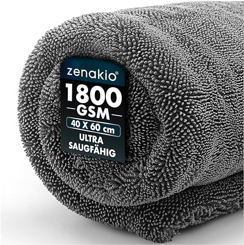 ZENAKIO Auto Trockentuch 40x60 cm 1800 GSM Mikrofasertuch Grau | Ultra saugstark · Fusselfrei · Schonend für Lack · Ideal für Auto und Motorrad · Waschbar und langlebig