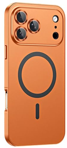 Magnetic Metal Case for iPhone 17 pro max, Aluminum Charging Bumper Matte Case for iPhone 17/16/15 Series, Slim Shockproof, Full Camera Protection (17 PRO MAX,Orange)