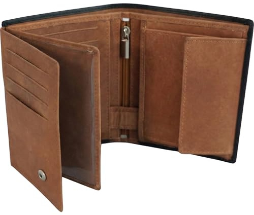 Zinello Design Portefeuille Homme en Cuir RFID Compact 12 x 10 x 2,5 cm Porte Carte Porte Monnaie avec Poche Zip 12 Emplacements Cartes Billets CNI Permis Coffret Cadeau Noir Marron
