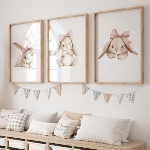 Ueiwffzo 3er Poster Set Ostern Hase Bilder, Hase Wandbilder Babyzimmer Poster Ohne Rahmen Wandposter Kinderzimmer Osterndeko für Mädchen Jungen (30x40cm)