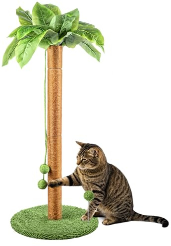 CROWNSHOP Cat Scratching Post 84cm Palm Tree Design for Indoor Cats, Cute Kitten Scratcher with Natural Sisal Rope, Dangling Balls Toy, No-Staple Cat Scratcher for Small & Medium Cats