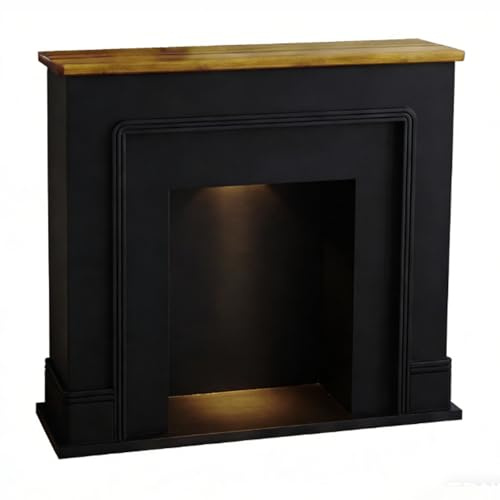 Entourage du manteau de cheminée Cadre de cheminée décoratif autoportant avec dessus en bois et éclairage intégré(Noir,Petit)