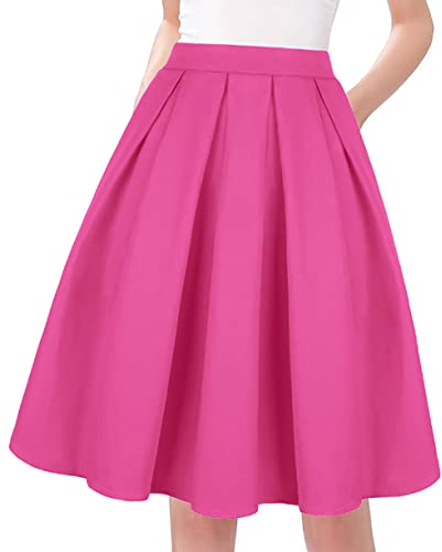 Tandisk Damen Hohe Taille Ausgestellter Rock Plissee Midirock mit Tasche Rose Rot XL