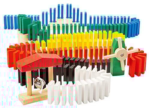 Playtastic Dominosteine: Domino-Set mit 480 farbigen Holzsteinen und 11 Streckenbau-Elementen (Dominosteine, Spielzeug, Domino Strecke, Geduldspiele)