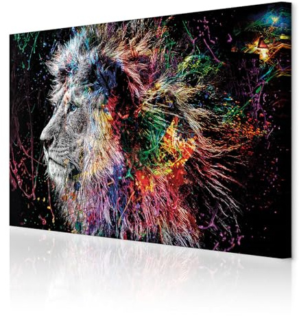 decomonkey - Impression sur Toile Intissé Lion Abstrait 90x60 1 Pièce - Tableau Décoration Appartement Cadre en Bois Photo Déco Salon Peinture sur Toile Maison Afrique chats colorés lions animaux