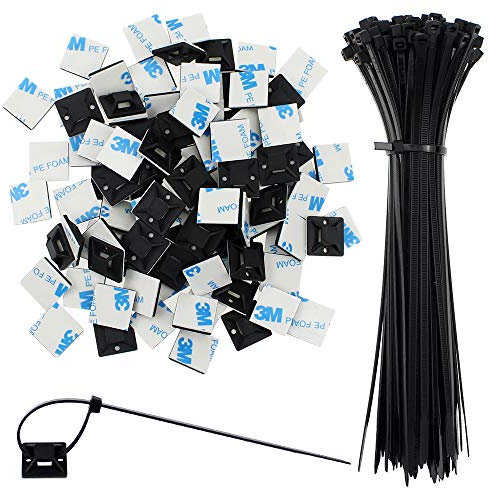 SRunDe Lot de 100 serre-câbles auto-bloquants multi-usages en nylon avec 100 supports de base adhésifs, organiseur de câbles pour fixation extérieure de câbles fils tuyaux noir