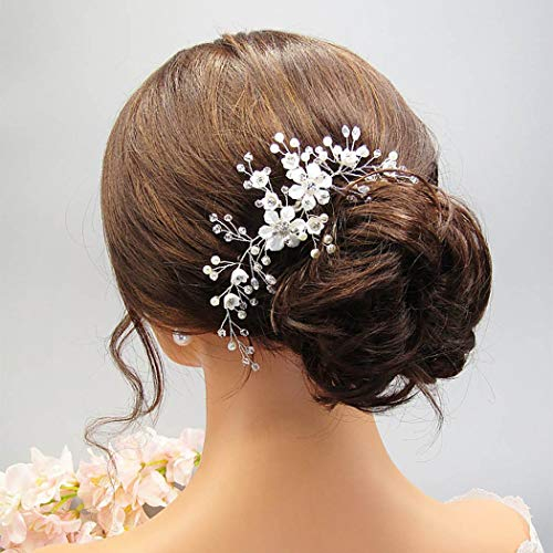 Edary Brautschmuck Hochzeit Blume Haarkamm Silber Kristall Braut Kopfschmuck Perle Haarclips Perlen Haarschmuck für Frauen und Mädchen (Silber 1)