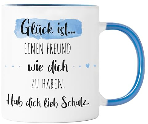 Tasse personalisiert – Glück ist einen Freund wie dich zu haben | Blau | Keramik Kaffeetasse, 330 ml, beidseitig bedruckt, spülmaschinenfest, mikrowellengeeignet, Geschenk mit Name